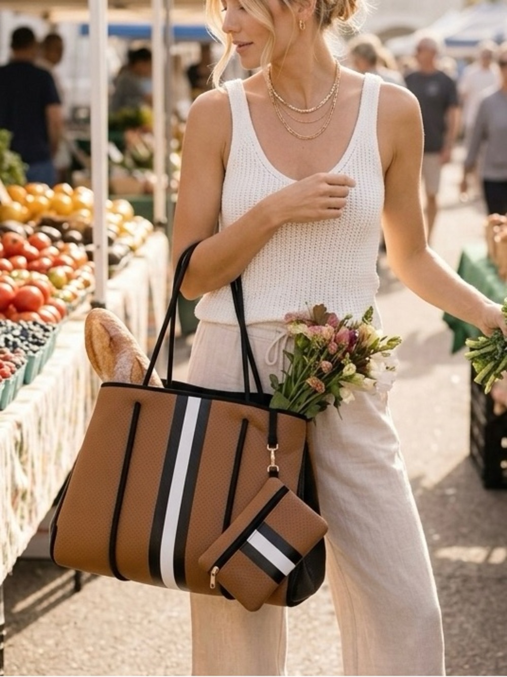 Haute Shore Neoprene Tote Bag Brown Black & White Stripe w/ Matching Mini Clutch